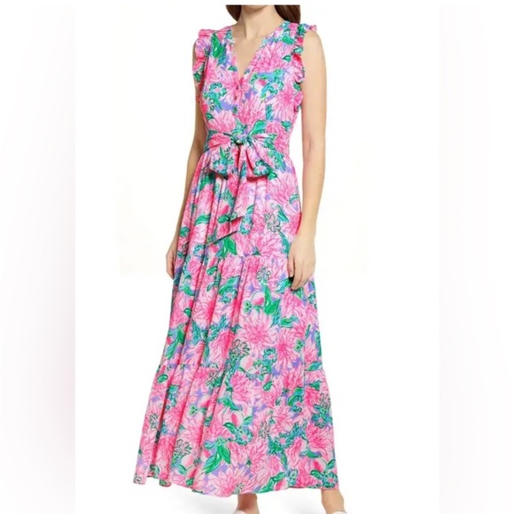 Sugar Pink Floral Maxi Dress with Green Leaf Print and Waist Tie